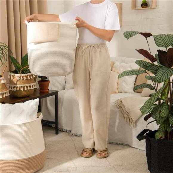 Cotton Rope Woven Storage Basket - 18” x 16” Tall Decorative Cotton Rope Basket - Picture 3 of 7